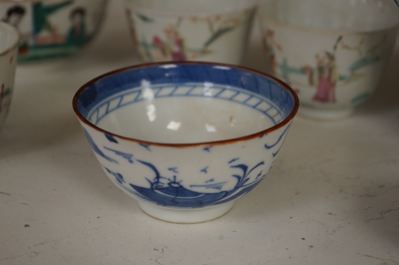 An 18th century Chinese Imari teapot and cover, a similar teabowl, four early 20th century Chinese porcelain cups and a bowl, tallest 12cm. Condition - varies